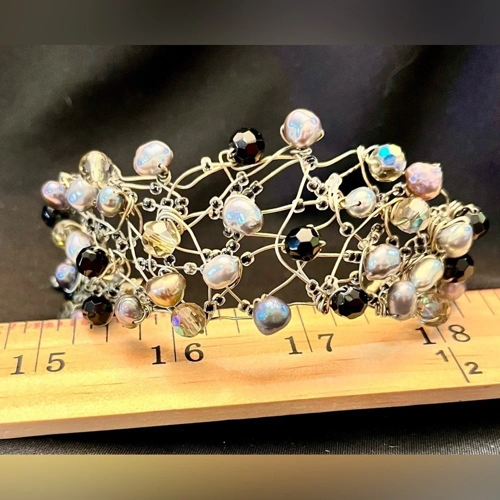 Vintage Handmade Wire Wrapped Bracelet Freshwater Pearl Aurora Borealis Bead Art